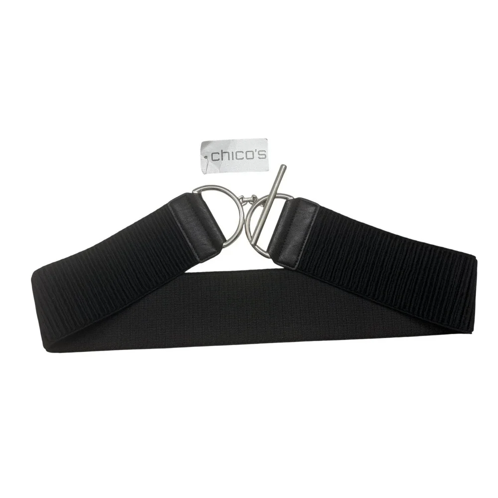 Chicos Black Wide Stretch Belt Waist Cinch Size M/L Silver O Ring Toggle Buckle